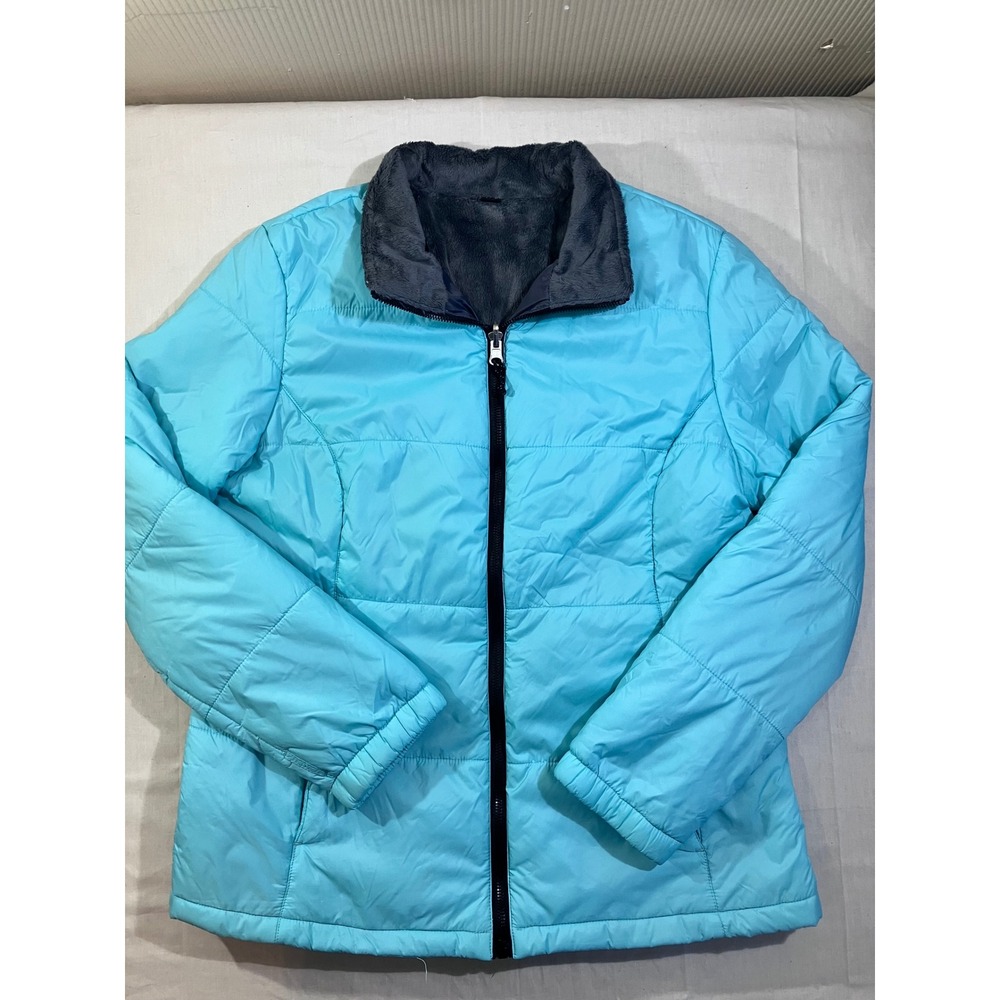 Free Country Womens Reversible Puffer Jacket Aqua Blue Faux Fur Lined‎ Large